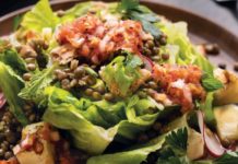 Halloumi Lentil Fattoush Salad with Tomato Vinaigrette