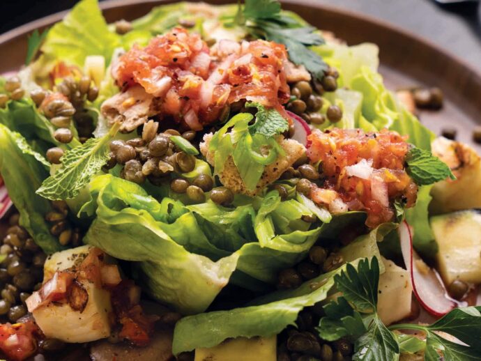 Halloumi Lentil Fattoush Salad with Tomato Vinaigrette